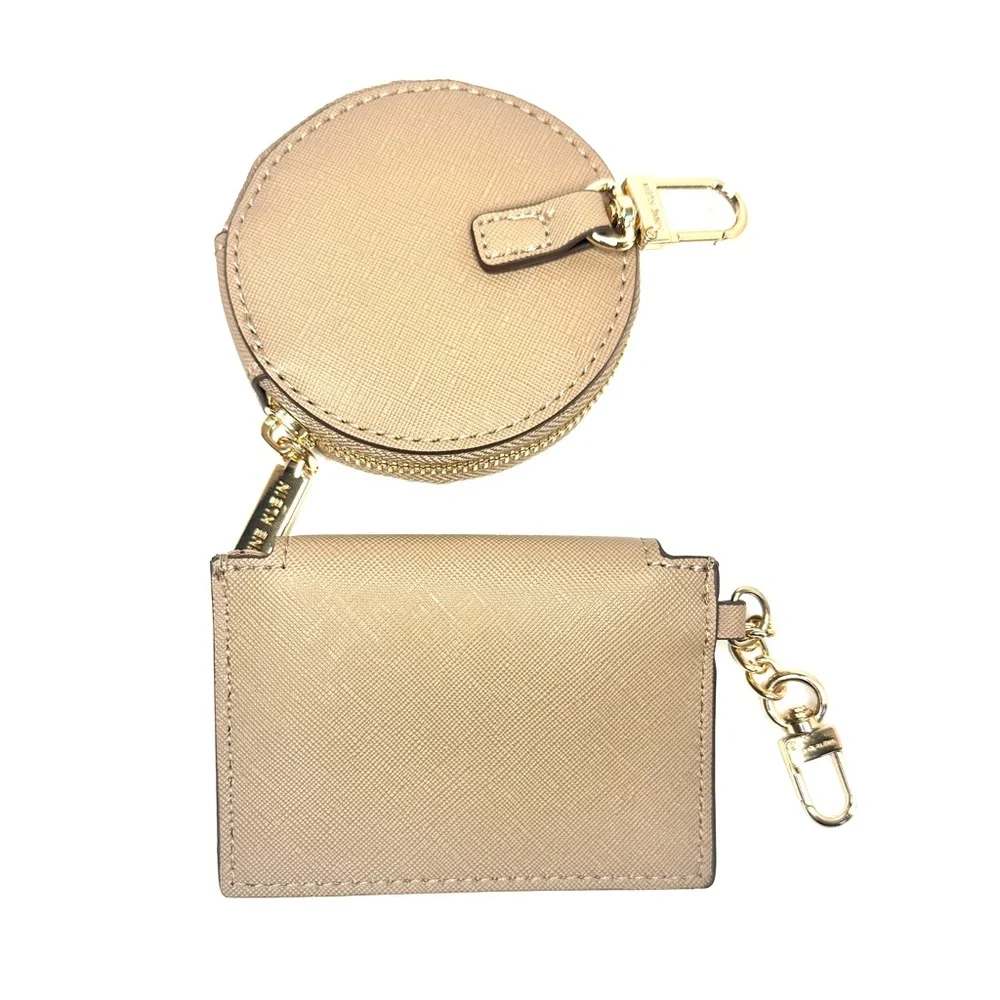 ANNE KLEIN 2 Piece Set Round Coin Purse & Card Holder in Tan With Gold Accents